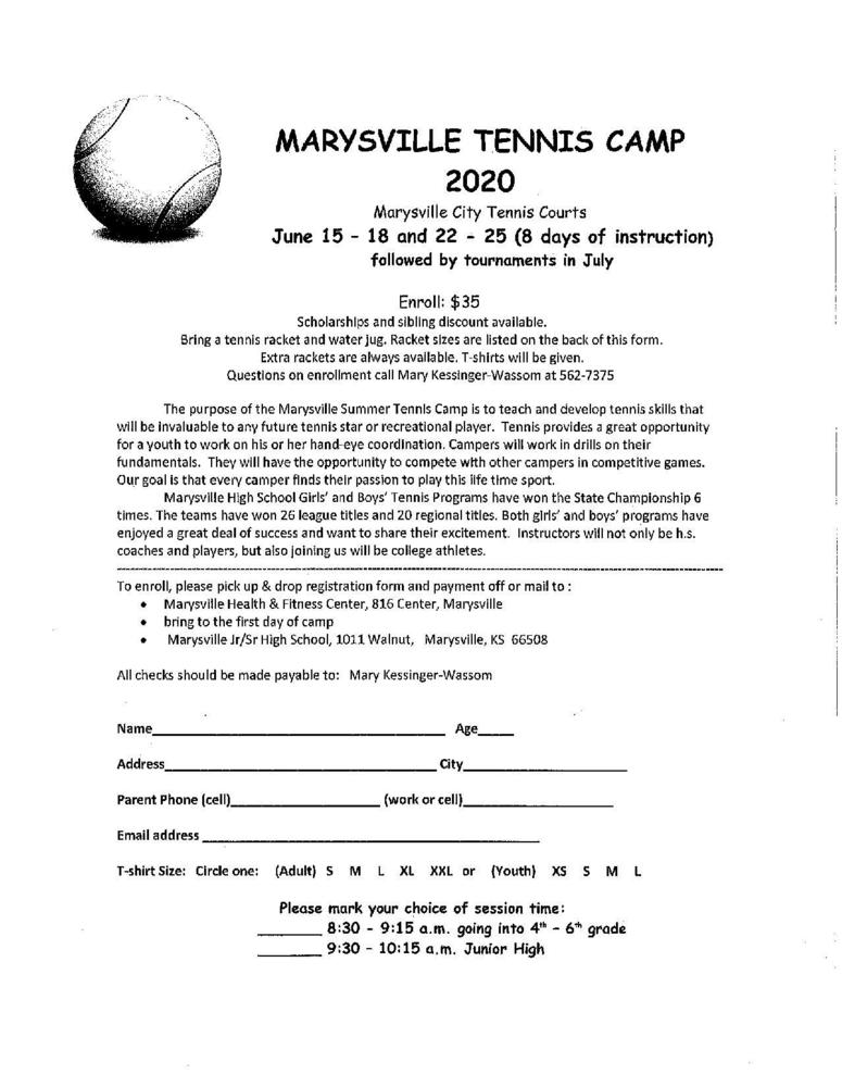 Marysville Tennis Camp 2020