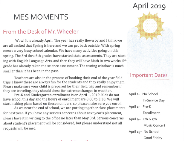 MES Moments Newsletter, April 2019