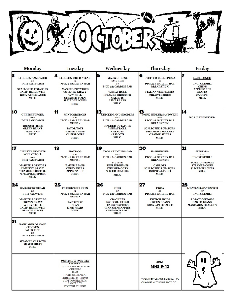 October Lunch Menu USD 364